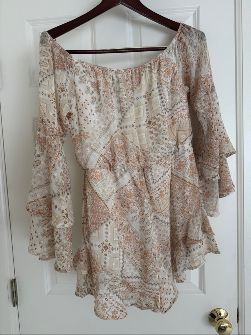 Altar'd State Cream & Tan Boho Off-Shoulder romper